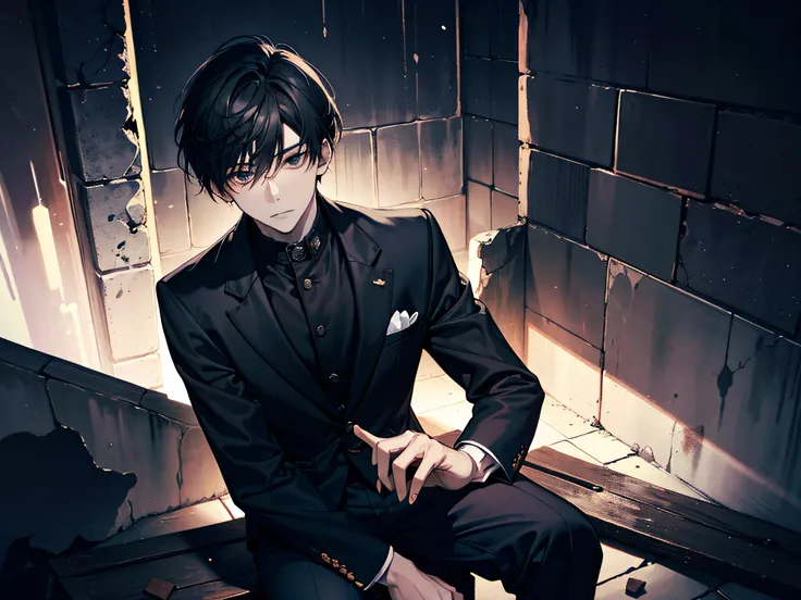 of a guy，with short black hair，Black clothes，Handsome looking，The expression is serious，Sitting cross-legged in a dark cell，The floor of the prison is covered with straw，The walls are stone bricks，Old，super-fine，Describe the details in detail，Detailed depi...