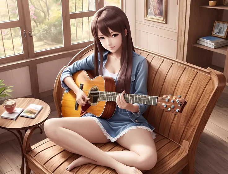 a beauty girl playing a wooden guitar sitting on a beauty sofa at room with rich furniture, highly detailed, professional draw, anime --auto --s2