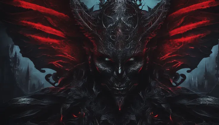 Close up of a demon with glowing eyes, spectral, creepy, ultra detailed, dark ambient, red color, masterpiece.