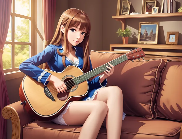 a beauty girl playing a wooden guitar sitting on a beauty sofa at room with rich furniture, highly detailed, professional draw, anime --auto --s2