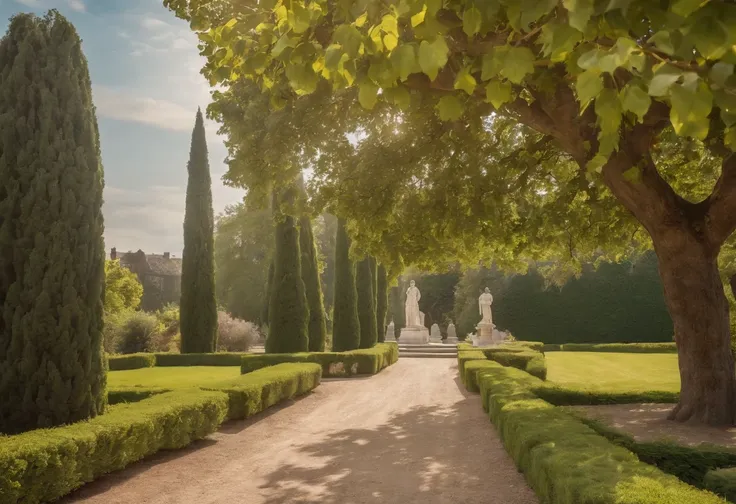 beautifully detailed 18th century gardens in London, (melhor qualidade,4k,8k,Altas,master part:1.2), ultra-detalhado, HDR, cores vibrantes, retrato elegante, luscious greenery, flores delicadas, Centenary trees, caminhos intrincados, Romantic sources, arqu...