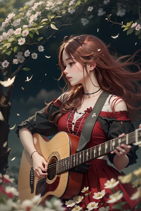 20 years old girl, wears with a red dress, with a guitar, little white blossoms are falling all over the sky,