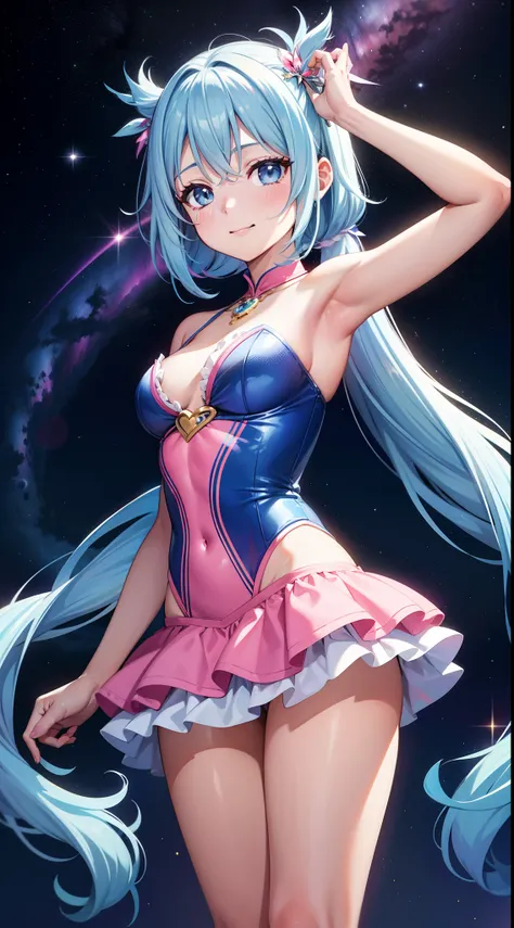 Super Idol　a beauty girl　A charming smile　sky blue hair　length hair　Twin-tailed　Glittery bright pink and white and blue and yellow leotards　facing front　Mystical　Fantasia　constellation　a moon　Crystal Brilliance　Aurora Borealis in the Night Sky