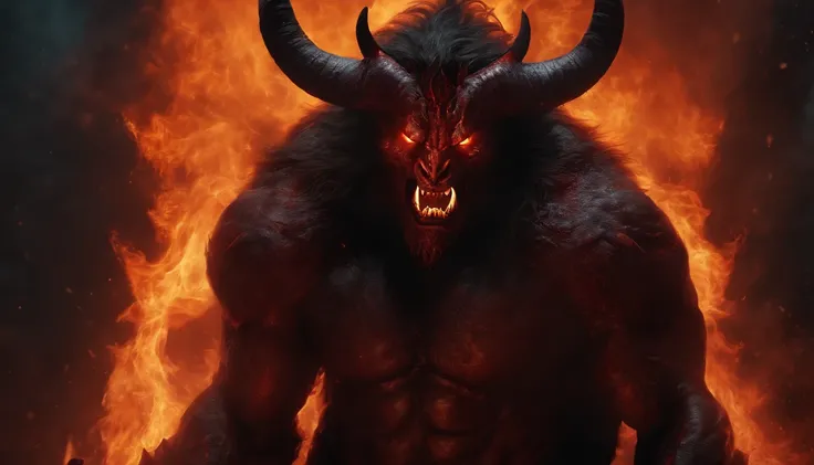 Portrait of a demon with horns and glowing eyes, beast, ferocious monster, blood, fire, flames, ultra detailed, photorealistic, masterpiece, horror, creepy, ominous background.