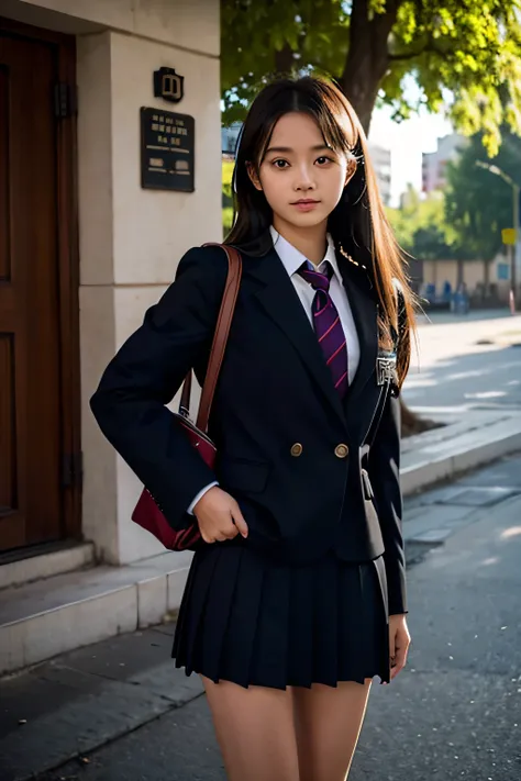 A girl is standing in her school uniform