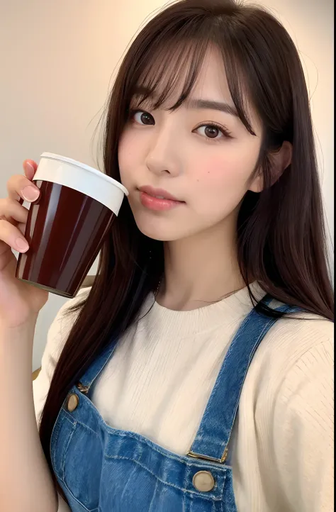 Close up portrait of woman drinking coffee with kickin、pinafore、morning、Say good morning to the camera、Japan Person Model、Young Sensual Gravure Idol、Young cute gravure idol、Realistic Young Gravure Idol、Realistic sensual gravure idol、Young gravure idols、sop...