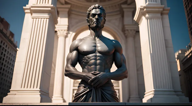 Stoic statue, with an expression of anger, usando manto e tunica longo sobre todo o corpo, Noite escura, ao ceu aberto, 35 mm, lateralmente, Filmado em Sony A7S III com Sony FE 35mm f/1.8, 12.1 MP, --AR 3:2 --estilo cru