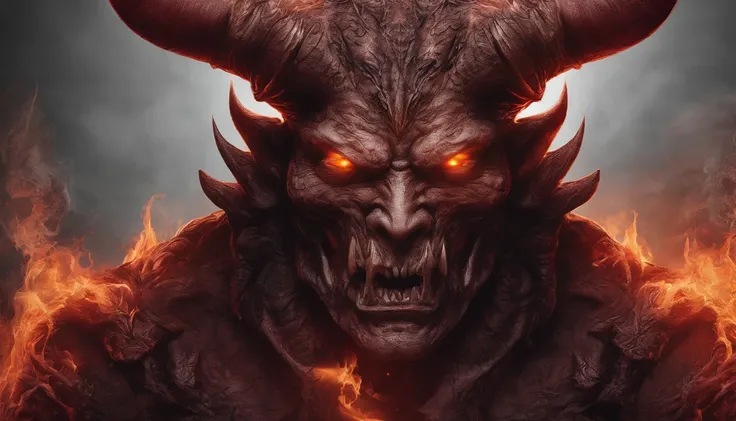 Portrait of a demon with horns and glowing eyes, beast, ferocious monster, blood, fire, flames, ultra detailed, photorealistic, masterpiece, horror, creepy, ominous background.