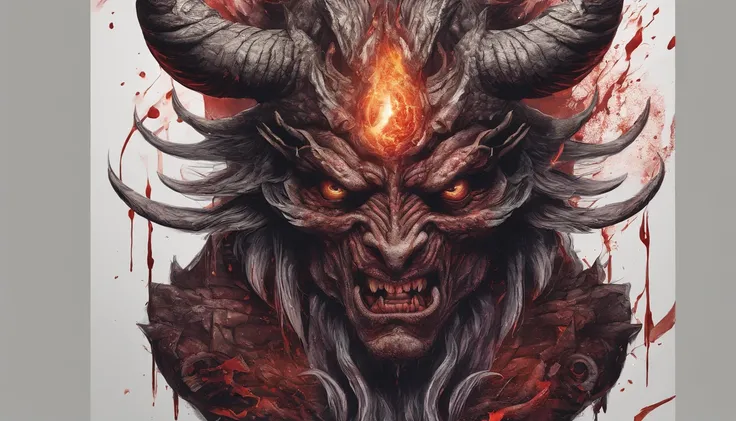 Portrait of a demon with horns and glowing eyes, beast, ferocious monster, blood, fire, flames, ultra detailed, photorealistic, masterpiece, horror, creepy, ominous background.