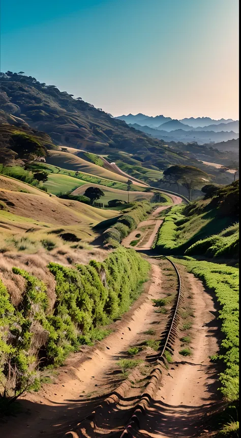 Imagem de uma estrada longa e sinuosa，Luz brilhante que leva ao horizonte,bright morning，raios solares