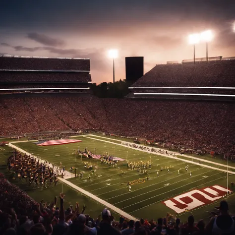 (best quality,4k,8k,highres,masterpiece:1.2),ultra-detailed,realistic:1.37,American football stadium,portrait,nighttime,fans cheering,player running for a touchdown,vivid colors,bokeh,stadium lights,marching band,excitement,energy,spectators in team jersey...