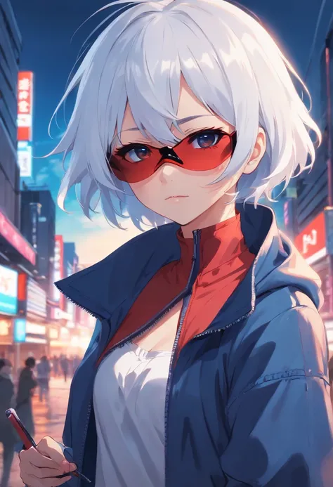 Girl, White Hair, Black Blindfold blue zip-zip jacket with high collar, ultra-detailed, HDR, extending two fingers out with red orb,