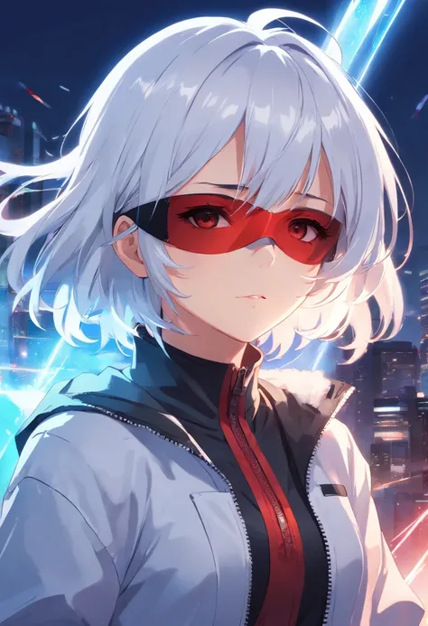 Girl, White Hair, Black Blindfold blue zip-zip jacket with high collar, ultra-detailed, HDR, extending two fingers out with red orb