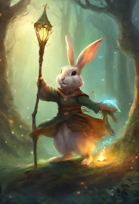 A cute rabbit rabbit wearing a witchs hat and doing magic with a tree staff.