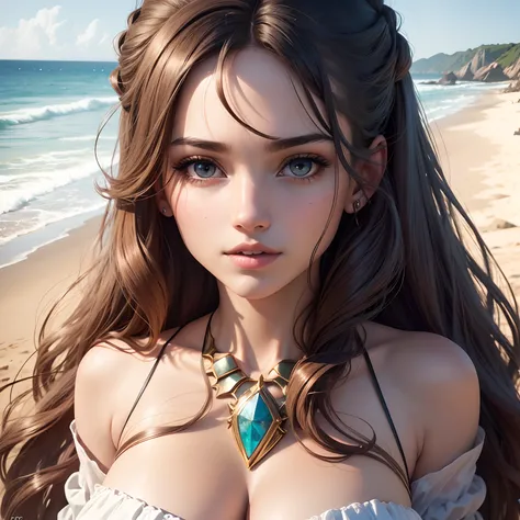 Photograph of a whole gorgeous girl , wear a neckline top, (((very heavy bust))), wavy hair, Assis sur des rochers, next to the beach, Look into the camera, eyes symmetrical, symmetrical face, photoreallistic, photographie, Path layout, specular lighting, ...