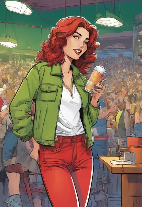 Frankie Foster, green jacket, white shirt underneath, red shorts, Small room, Mic in hand, Doing Karaoke, (1girl). High detail, High Quality, (Masterpiece)