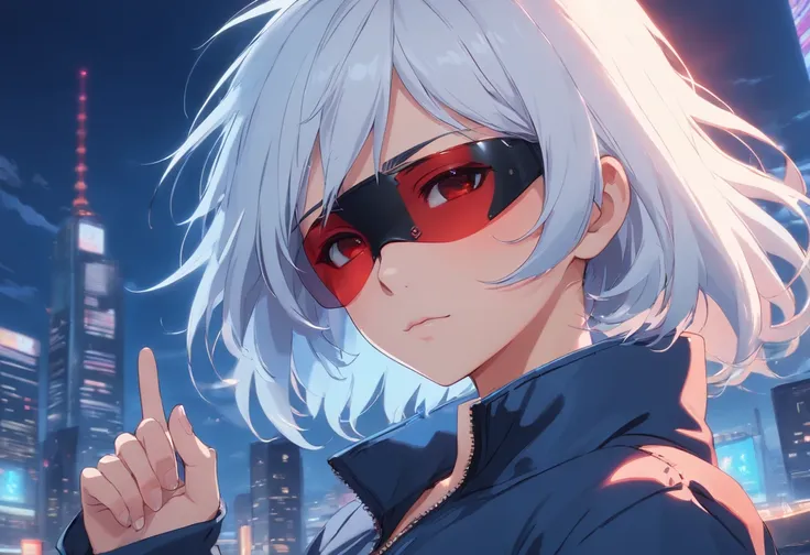 Girl, White Hair, Black Blindfold blue zip-zip jacket with high collar, ultra-detailed, HDR, extending two fingers out with red orb, gojo