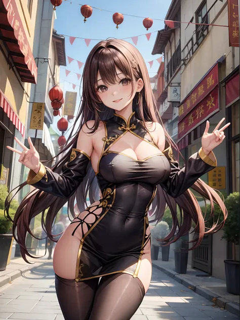 top-quality、Full limbs、complete fingers、One beautiful woman、Beautiful Large Breasts、Long、straight haired、Brown hair、Black cheongsam、tights、A big smile、Chinatown