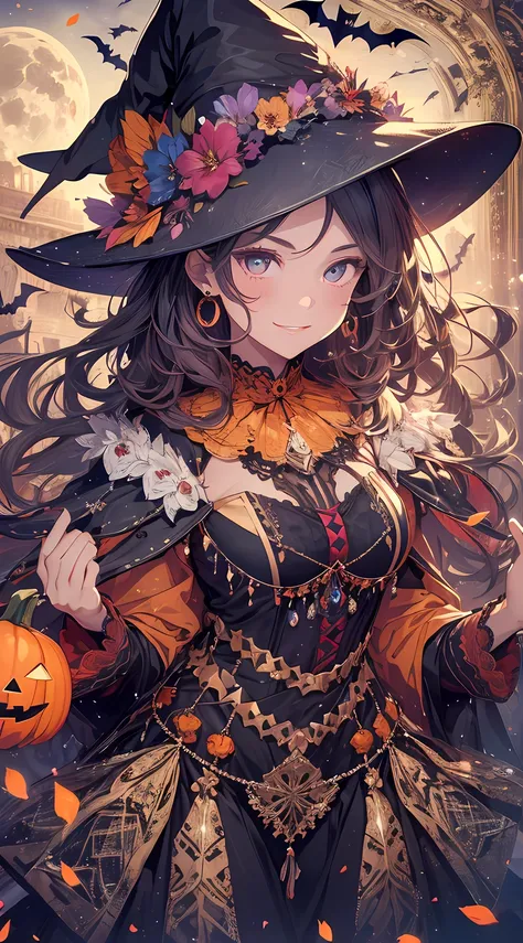 absurdres, highres, ultra detailed, (1girl:1.3) , Halloween witch, ((lovely smile)),wizard robes, wizard hat, Jack olantern, night, moon lighting,
BREAK, Halloween atmosphere,(half body image:1.5),
 , kaleidoscopic imagery, symmetrical patterns, vibrant co...