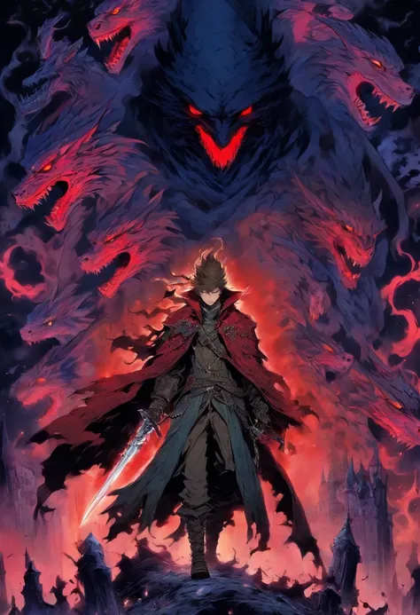 red-short-haired man, with one blue eye and the other eye closed with a scar, he has faded beard, he wears a long red jacket, like a Bloodborne hunter, on his back he carries a greatsword, he has a prosthetic left arm like Guts, He is facing creatures of t...