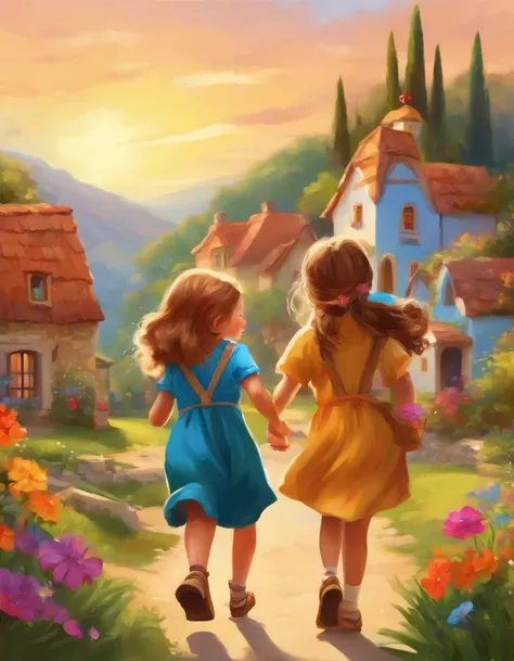 a sunny illustration of a modern-day childrens movie village, with a girl, Ester and Tania, coming home from school, wearing school uniforms and carrying backpacks, [colorful, vibrant], [detailed, vivid], [charming, whimsical], [playful, lively] scenery, [...