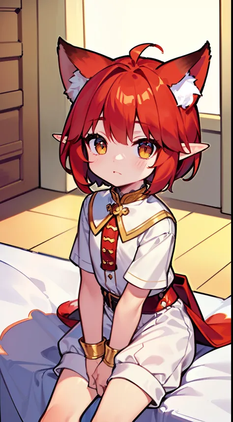 (Original Character,8k, Masterpiece, Best Quality,Detailed, Beautiful Detailed Eyes, solo),((little boy,4 years old)),((small body)),white shorts,white blouse,red hair,short hair,yellow eyes,elf ears,fox ears,(sitting on the bed in his chambers in the cast...