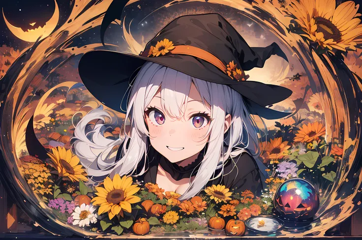 absurdres, highres, ultra detailed, (1girl:1.3) , Halloween witch, ((lovely smile)),wizard robes, wizard hat, Jack olantern, night, moon lighting,
BREAK, Halloween atmosphere,(half body image:1.5),
 , kaleidoscopic imagery, symmetrical patterns, vibrant co...