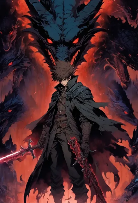 red-short-haired man, with one blue eye and the other eye closed with a scar, he wears a long red jacket, like a Bloodborne hunter, on his back he carries a greatsword, he has a prosthetic left arm like Guts, He is facing creatures of the night like a vamp...