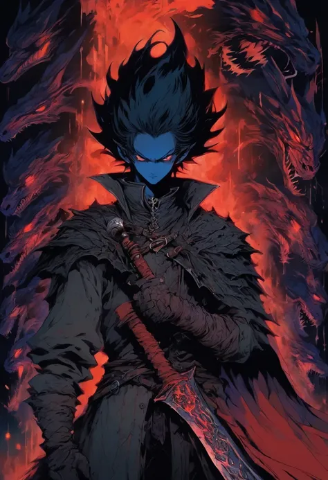 red-short-haired man, with one blue eye and the other eye closed with a scar, he wears a long red jacket, like a Bloodborne hunter, on his back he carries a greatsword, he has a prosthetic left arm like Guts, He is facing creatures of the night like a vamp...