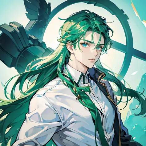 Green Hair, blue Eyes, long hair, anime, man, muscular, beautiful detailed eyes,