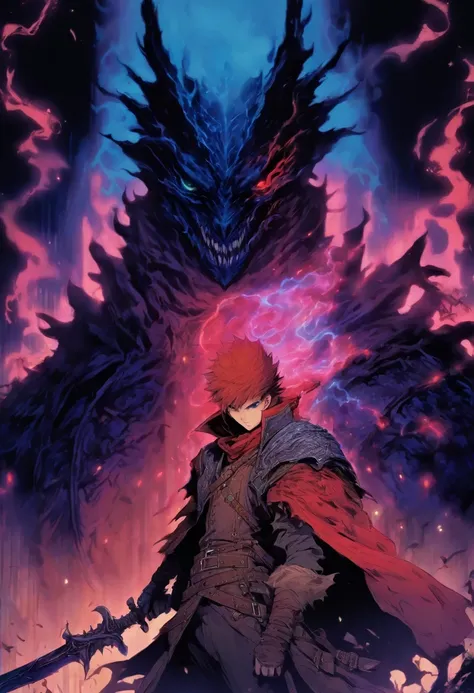 red-short-haired man, with one blue eye and the other eye closed with a scar, he has faded beard, he wears a long red jacket, like a Bloodborne hunter, on his back he carries a greatsword, he has a prosthetic left arm like Guts, He is fighting creatures of...