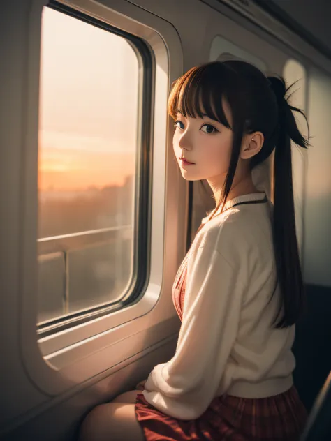 Anime girl sitting on train looking out window, Beautiful Anime Portrait, lofi portrait at a window, Beautiful anime girl, lofi portrait, lofi-girl, Portrait Anime Girl, artwork in the style of guweiz, high quality portrait, with sunset, charming anime gir...