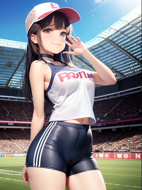 (masterpice、Top image quality,4K,8K),There is a girl selling goodies in the stadium spectator seats、cute  face、kindly smile、Breast size:1.2,Wearing a sun visor、Have a big icebox、The background is the stadium spectator seats