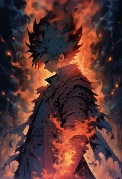 red-short-haired man, with one blue eye and the other eye closed with a scar, he has faded beard, he wears a long red jacket, like a Bloodborne hunter, he has a greatsword, he has a prosthetic left arm, he is engulfed in flames, 80s anime still, retro fash...