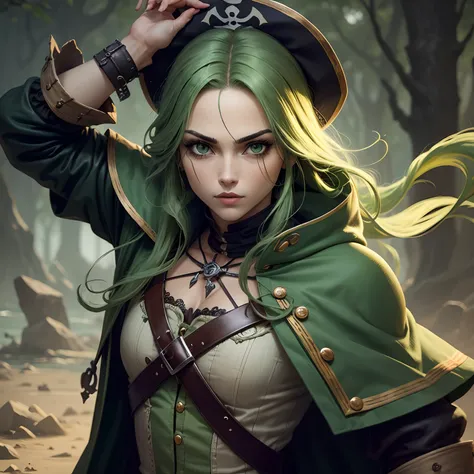 Personagem Pirata RPG, Cabelo Verde, Olho verde, Cicatriz no olho, Jaqueta Verde escuro e Preto