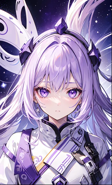 Purple-white hair covered her long face like a helmet，Make his long face look like a small one，Lovely white clothes，Complements a variety of shades of purple，There is a delicate makeup，shining face，Exquisite，Brilliant，dark purple eyes，Feel like a sweet gir...