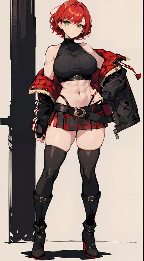 1girl, curly red pixie cut hair, green eyes, wearing crop top black shirt, red plaid skirt, (black knee high boots), thigh high socks, black fingerless gloves, jacket, exposed shoulders, thick thighs, (full body), large breasts, freckles, abs, absurdres, h...