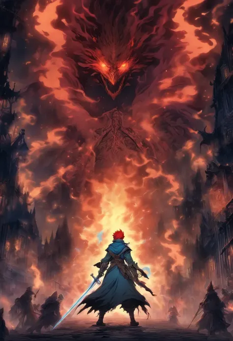 red-short-haired man, red hair, with one blue eye and the other eye closed with a scar, he has faded beard, he wears a long red jacket, like a Bloodborne hunter, on his back he carries a greatsword, he has a prosthetic left arm, He is engulfed in flames an...