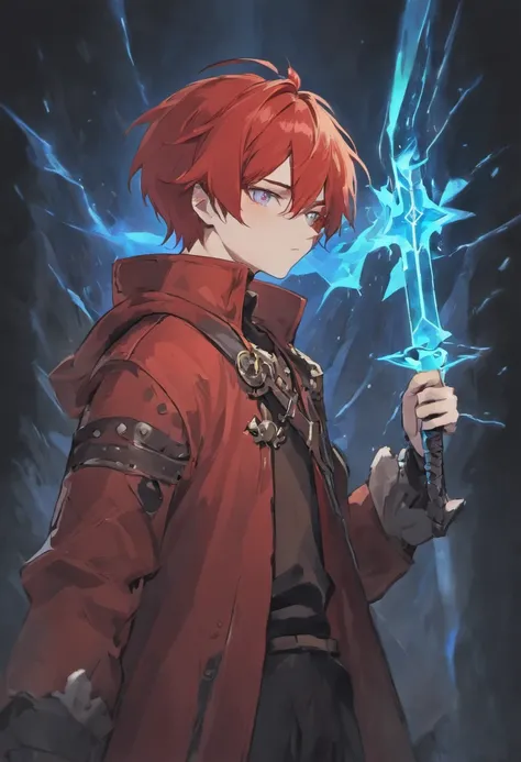 red-short-haired man, with one blue eye and the other eye closed with a scar, he has faded beard, he wears a long red jacket, like a Bloodborne hunter, on his back he carries a greatsword, he has a prosthetic left arm like Guts, He is facing creatures of t...