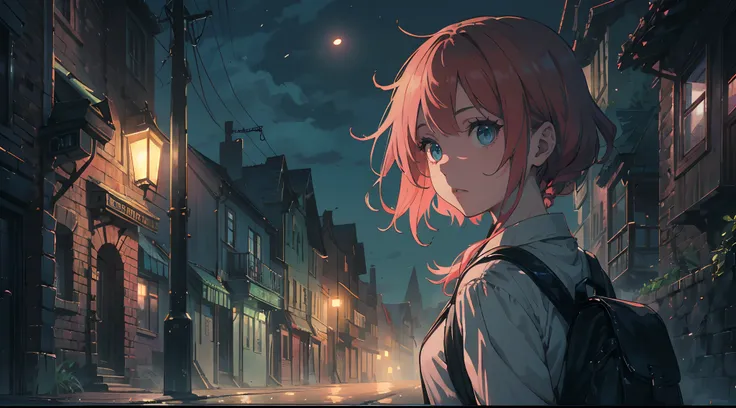 A young girl with long orange-pink hair and blue eyes, carrying a backpack walking down a deserted street, in the middle of the night with long shadows on it. Emily looks over her shoulder, her eyes wide with fear, as if she senses a presence behind her. A...