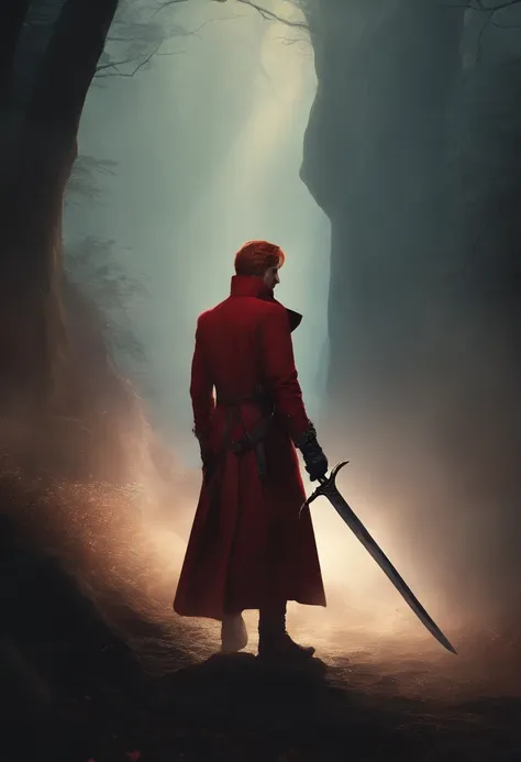 red-short-haired man, with one blue eye and the other eye closed with a scar, he has faded beard, he wears a long red jacket, like a Bloodborne hunter, on his back he carries a greatsword, he has a prosthetic left arm like Guts, He is facing creatures of t...