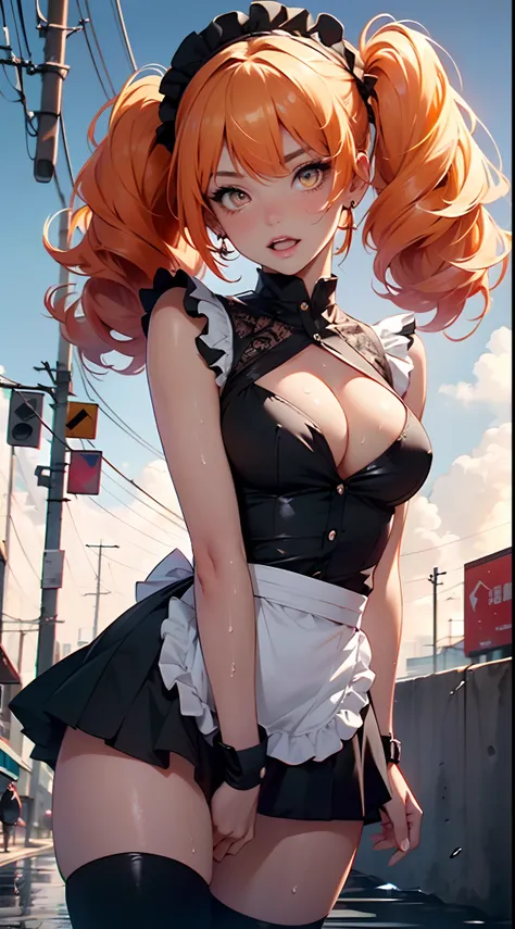 maid girl,(((1girl))),((maid girl with extremely cute and beautiful orange hair)),

(large breasts:1.4),bountiful breasts,fluffy breasts,H cup bust,bust up,bulging bust top,(((orange twintails hair:1.35,colored inner hair,twintails,ear breathing))),((heter...