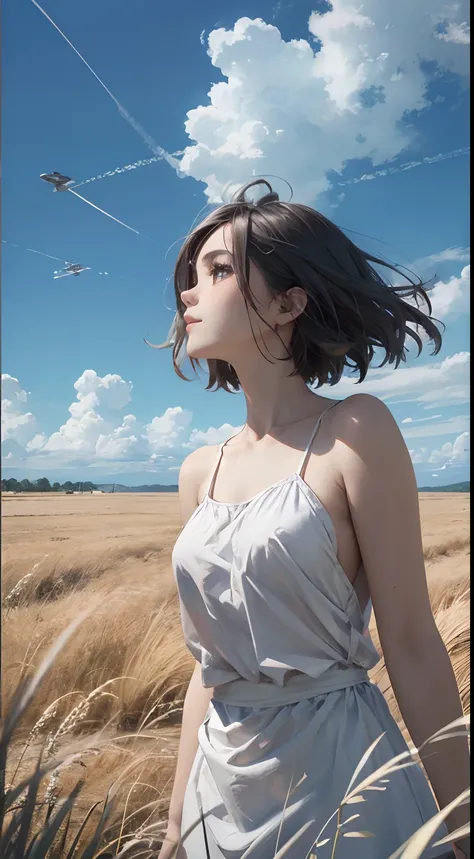 grass field、blue open sky、White cumulonimbus clouds、contrail、glowing sun、Steppe grass swaying in the wind、Photoquality、Live action、Realisticity、Transparency、Realistic depiction、The 8k quality、nffsw、Digital SLR、hightquality、film grains、FujifilmXT3、Girl in w...