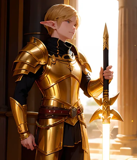 1 boy, a young elf paladin, fully dressed in armor with gold details, with a fire sword, in an Egyptian temple, D&amp;D, masterpiece, best quality, high contrast, soft lighting, backlighting, blooming, light sparkles, chromatic aberration, smooth, sharp fo...