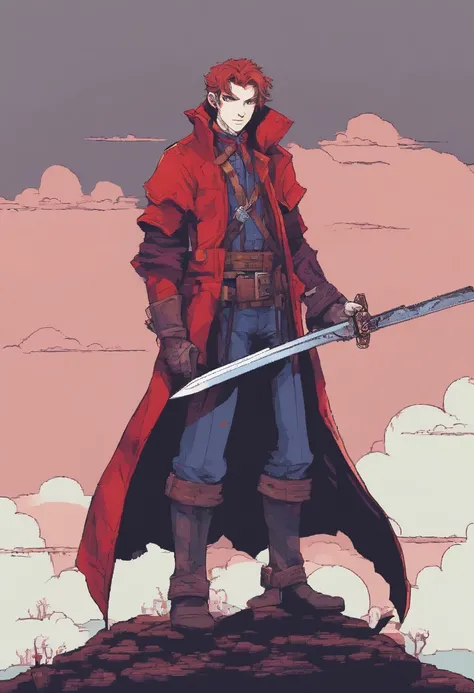 red-short-haired man, with one blue eye and the other eye closed with a scar, he has faded beard, he wears a long red jacket, like a Bloodborne hunter, on his back he carries a greatsword, he has a prosthetic left arm like Guts, He is facing creatures of t...