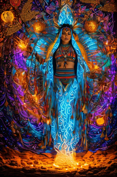 (best quality,4k,8k,highres,masterpiece:1.2),ultra-detailed,(realistic,photorealistic,photo-realistic:1.37),Native American Indian ritual,celebration of life,blacklight,high definition,tribal culture,traditional attire,ritual dance,ancient symbols,feathers...