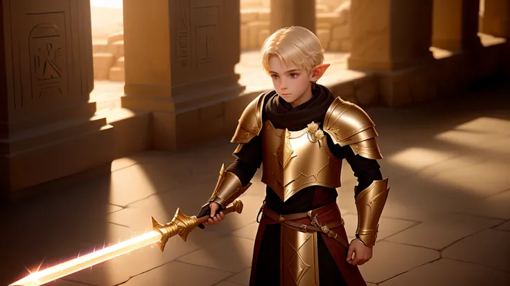 1 boy, a young elf paladin, fully dressed in armor with gold details, with a fire sword, in an Egyptian temple, D&amp;D, masterpiece, best quality, high contrast, soft lighting, backlighting, blooming, light sparkles, chromatic aberration, smooth, sharp fo...