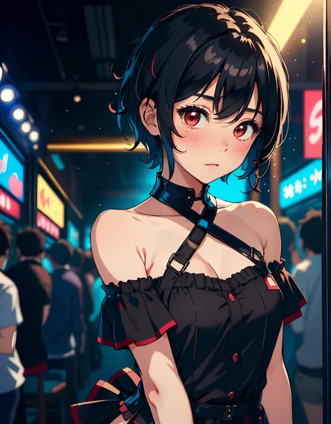 ((masterpiece, best quality)), (1girl, anime girl in the nightclub),(loli, little girl, idol, shy, blush), (solo), (female focus), (black hair, messy hair, short hair),red eyes, ((exposed shoulder, idol costume)) , shy, portraits, close up, upper body, vib...