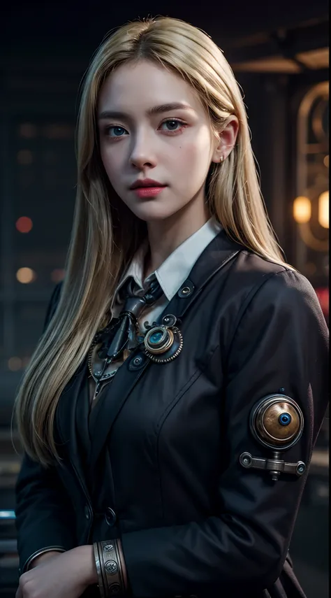 steampunkai, inventor working on a timemachine, a girl, blonde long hair, extremely detailed face, extremely detailed eyes, 8k, starring at camera, zoom out