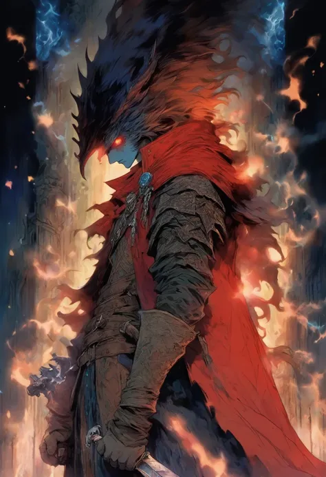 red-short-haired man, with one blue eye and the other eye closed with a scar, he has faded beard, he wears a long red jacket, like a Bloodborne hunter, on his back he carries a greatsword, he has a prosthetic left arm like Guts, He is facing creatures of t...